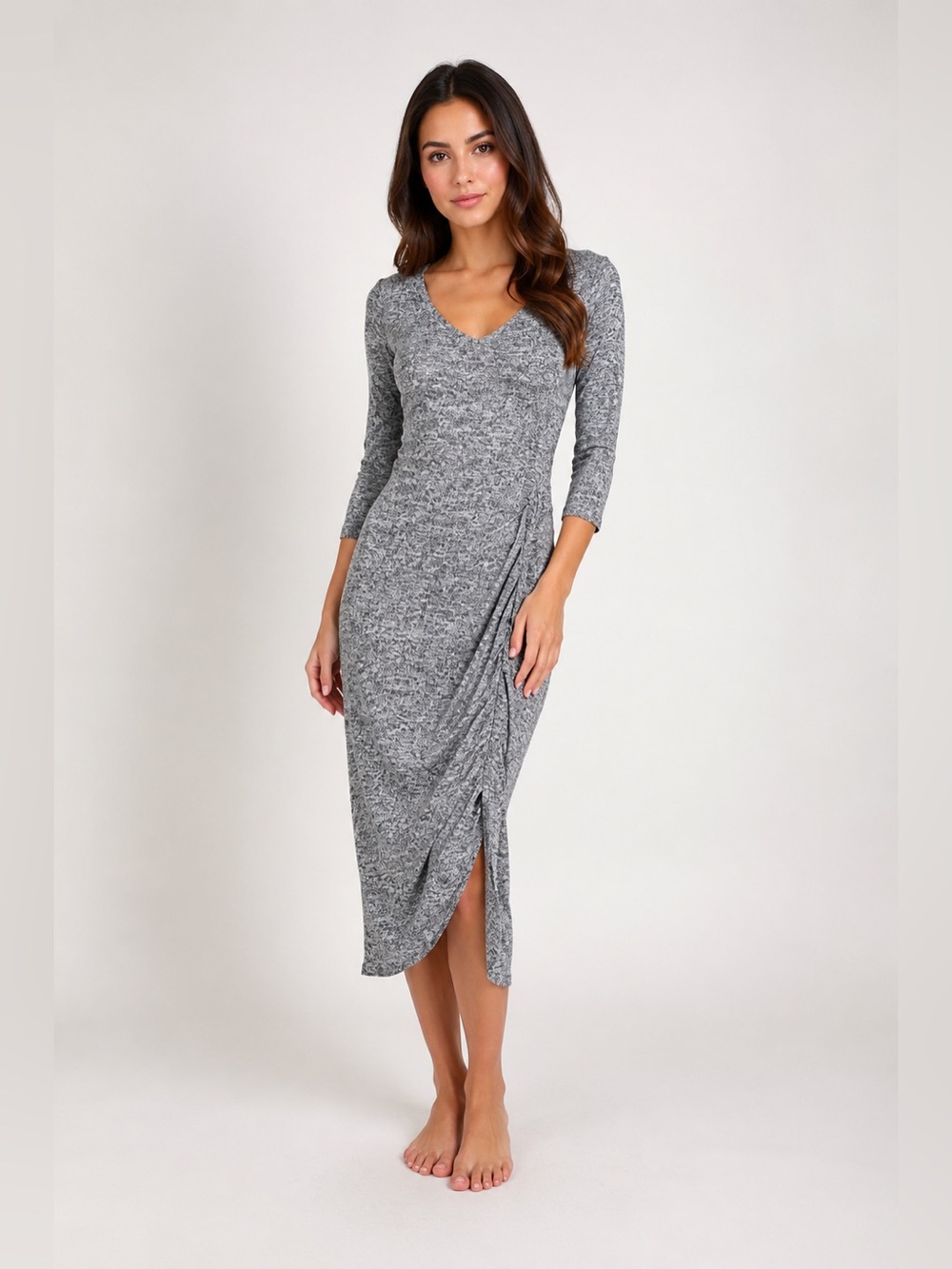 Windsor Women’s Gray Marled Ruched Midi Dress Size S 3/4 Sleeve